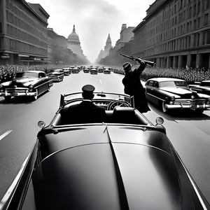 The president is riding in an open top car trough a big city avenue, (a sniper is aiming to his head from a window), ((a massive crowd watching)), (a big 1950s open limousine) , cloudy day, dynamic pose, great composition, high quality image, medium format camera, Hasselblad ,laura,dollskill,REALISTIC,Raw Photo,art_booster,MarianKelly,jorg karg