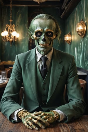  Death, the grim reaper as a creepy business man in green luxurious suit, skeleton face, black hole eyes, gold embroidered tie, sitting in a small fancy cafe in a European city,  portrait, half body portrait, holding out his hand to shake, eerie, cinematic, moody lights,style of Edvard Munch,Edvard Munch style