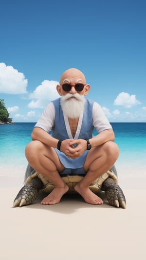 Photorealistic, analog photo, raw, a bald and smiling man, with dark sunglasses, it's Muten Roshi from Dragon ball. He's making the peace sign. He's in a small tropical island, with a giant sea turtle 