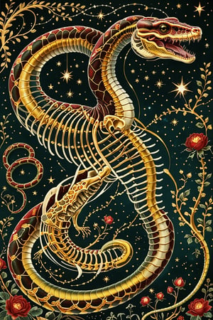 A majestic snake with intricate gold metal patterns adorning his skeletal structure. Jumping in the air, attacking with his fangs bared, in the country backdrop, surrounded by stars and constellations, illustrations, beautiful. The color palette is dominated by dark red, gold,  black and white, with the skeleton shining, being the most prominent feature, contrasting beautifully with the background elements.