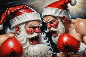 Santa Claus in a boxing match. A close-up illustration featuring the face of Santa Claus, in his iconic red and white hat, and GETTING PUNCHED HARD IN THE FACE, in the style of esao andrews