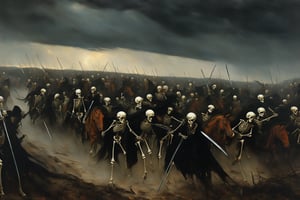 A whole army of skeletons, with swords, scabbards, musketeers, and skeleton horses is charging across a desolate field against an invisible enemy, painting, epic, masterpiece, atmospheric, High resolution, multiple details, each character has different clothes and weapons, a storm cloud is hanging over the whole scene , in the style of esao andrews,LegendDarkFantasy,style of Edvard Munch