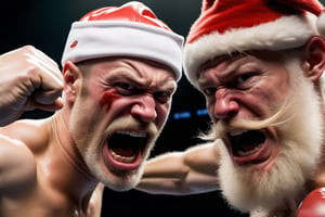 One santa Claus, Santa Claus in a boxing match. A close-up illustration featuring the face of Santa Claus, in his iconic red and white hat, and GETTING PUNCHED HARD IN THE FACE, in the style of esao andrews,Movie Still