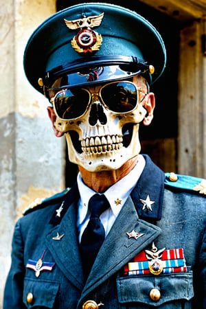 A living skeleton, with uniform from WWII, a colonel visor cap, sunglasses, condecorations and a rifle