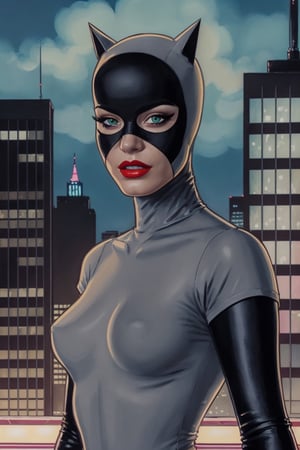 Catwoman, mask, green eyes, Pink lipstick, ultra-detailed art illustration, night city, 