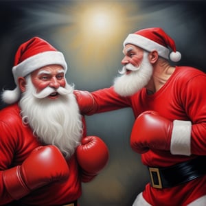 Create a heartwarming scene of Santa Claus showcasing his festive spirit in a friendly boxing match. A close-up illustration featuring Santa in his iconic red and white hat, sporting boxing gloves, and GETTING PUNCHED HARD IN THE FACE, in the style of esao andrews,<lora:659095807385103906:1.0>