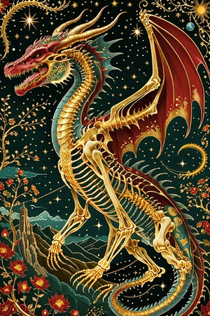A majestic dragon with intricate gold metal patterns adorning his skeletal structure. Jumping in the air, attacking with his teeth bared, in the country backdrop, surrounded by stars and constellations, illustrations, beautiful. The color palette is dominated by dark red, gold,  black and white, with the skeleton shining, being the most prominent feature, contrasting beautifully with the background elements.