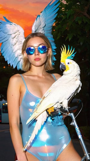 FutureBeat Assemblage, ((FULL BODY PORTRAIT)), very beautiful fit young blonde in large sunglasses, Sydney Sweeney, with a white cockatoo on her shoulder, mirror polish bodysuit, big breasts, insane cleavage, high quality, orange and steel silver colors, dreamy, surreal, fantastic, cinematic, bloom, dramatic, sharp focus, perfect details, depth of field, professional award winning, Broken Glass effect, in a park at night, she's riding an augmented bike, in shades of blue and white, stunning, something that even doesn't exist, mythical being, energy, molecular, textures, iridescent and luminescent scales, breathtaking beauty, pure perfection, divine presence, unforgettable, impressive, breathtaking beauty, Volumetric light, auras, rays, vivid colors reflects,aw0k euphoric style,micro bikini,fauna_portrait