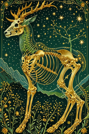 A majestic byll with intricate gold metal patterns adorning his skeletal structure. Jumping in the air, attacking with his horns, in the country backdrop, surrounded by stars and constellations, illustrations, beautiful. The color palette is dominated by dark blue, green, black and white, with the skeleton shining, being the most prominent feature, contrasting beautifully with the background elements.