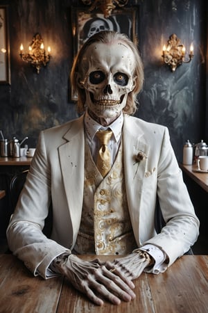  Death, the grim reaper as a creepy business man in dirty grimy white luxurious suit, skeleton face, black hole eyes, gold embroidered tie, sitting in a small fancy cafe in a European city,  portrait, half body portrait, holding out his hand to shake, eerie, cinematic, moody lights,style of Edvard Munch,Edvard Munch style