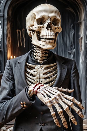 (((Closeup on the skeleton hand of Death))), we see the cuff of a dirty bloodstained cassock , skeleton hand, with a visit card that says the words "THANKS FOR THE 15K", eerie, cinematic, moody lights,style of Edvard Munch,Edvard Munch style, Edvard Munch art,Edvard Munch