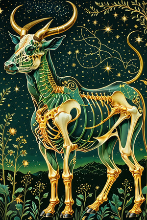 A majestic bull with intricate gold metal patterns adorning his skeletal structure. Jumping in the air, attacking with his horns, in the country backdrop, surrounded by stars and constellations, illustrations, beautiful. The color palette is dominated by dark blue, green, black and white, with the skeleton shining, being the most prominent feature, contrasting beautifully with the background elements.