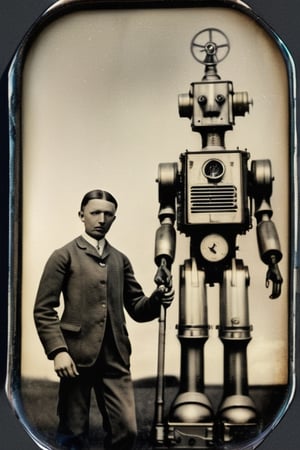 1856 robotpunk scene captured in a daguerreotype, a metallic tin man, clockwork and steam engine, infused with stylistic elements of August Macke and Mary Fedden, with the high-fashion dynamism characteristic of Markus Klinko, timeless, expressive, meticulous, evocative, hyperrealistic, high definition, with perfect composition, clarity, award winning harmony, organic photorealism, delicate sharpness, dazzling, bewitching masterpiece.,tintime 