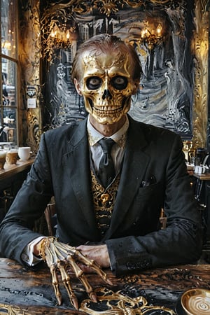  Death, the grim reaper as a creepy business man in black luxurious suit, skeleton face, black hole eyes, gold embroidered tie, sitting in a small fancy cafe in a European city,  portrait, half body portrait, holding out his hand to shake, eerie, cinematic, moody lights,style of Edvard Munch,Edvard Munch style