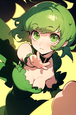 (best quality, masterpiece), soft lighting, dynamic upper angle, 1girl, Megpoid Gumi, beautiful short hair with two large bangs, beautiful detailed eyes, simple design, rounded boobs, upper view, green hair, green eyes, original detailed dress, cool pose, deep shadows in the eyes, cute face proportions,GUMI