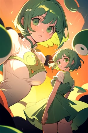 (best quality, masterpiece), soft lighting, dynamic upper angle, 1girl, Megpoid Gumi, beautiful short hair with two large bangs, beautiful detailed eyes, simple design, rounded boobs, upper view, green hair, green eyes, original detailed dress, cool pose, deep shadows in the eyes