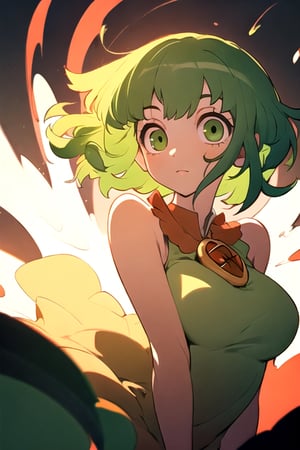 (best quality, masterpiece), soft lighting, dynamic upper angle, 1girl, Megpoid Gumi, beautiful short hair with two large bangs, beautiful detailed eyes, simple design, rounded boobs, upper view, green hair, green eyes, original detailed dress, cool pose, deep shadows in the eyes, cute face proportions,GUMI