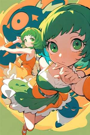 (best quality, masterpiece), soft lighting, dynamic upper angle, 1girl, Megpoid Gumi, beautiful short hair with two large bangs, beautiful detailed eyes, simple design, rounded boobs, upper view, green hair, green eyes, original detailed dress, cool pose, deep shadows in the eyes, cute face proportions,GUMI,Megpoid