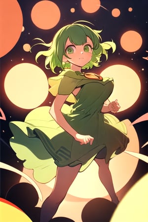 (best quality, masterpiece), soft lighting, dynamic upper angle, 1girl, Megpoid Gumi, beautiful short hair with two large bangs, beautiful detailed eyes, simple design, rounded boobs, upper view, green hair, green eyes, original detailed dress, cool pose, deep shadows in the eyes, cute face proportions,GUMI