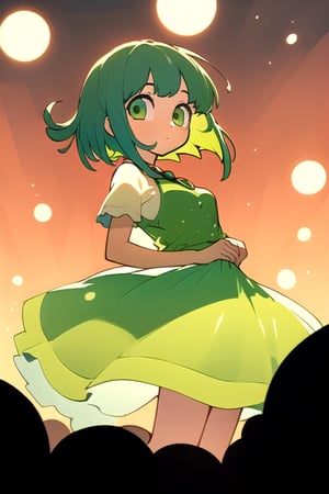 (best quality, masterpiece), soft lighting, dynamic upper angle, 1girl, Megpoid Gumi, beautiful short hair with two large bangs, beautiful detailed eyes, simple design, rounded boobs, upper view, green hair, green eyes, original detailed dress, cool pose, deep shadows in the eyes, Chibi