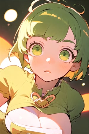 (best quality, masterpiece), soft lighting, dynamic upper angle, 1girl, Megpoid Gumi, beautiful short hair with two large bangs, beautiful detailed eyes, simple design, rounded boobs, upper view, green hair, green eyes, original detailed dress, cool pose, deep shadows in the eyes, cute face proportions,GUMI