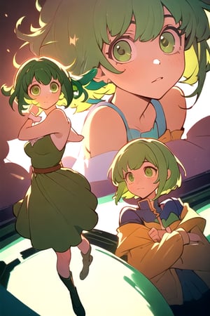 (best quality, masterpiece), soft lighting, dynamic upper angle, 1girl, Megpoid Gumi, beautiful short hair with two large bangs, beautiful detailed eyes, simple design, rounded boobs, upper view, green hair, green eyes, original detailed dress, cool pose, deep shadows in the eyes, cute face proportions,GUMI