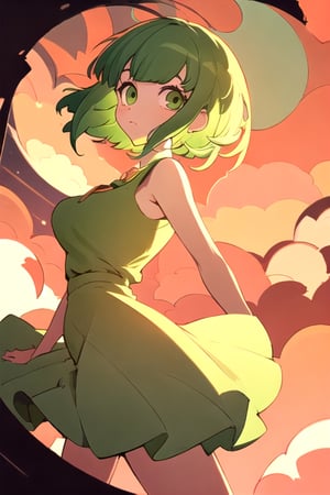 (best quality, masterpiece), soft lighting, dynamic upper angle, 1girl, Megpoid Gumi, beautiful short hair with two large bangs, beautiful detailed eyes, simple design, rounded boobs, upper view, green hair, green eyes, original detailed dress, cool pose, deep shadows in the eyes, cute face proportions,GUMI