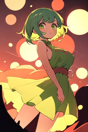(best quality, masterpiece), soft lighting, dynamic upper angle, 1girl, Megpoid Gumi, beautiful short hair with two large bangs, beautiful detailed eyes, simple design, rounded boobs, upper view, green hair, green eyes, original detailed dress, cool pose, deep shadows in the eyes, cute face proportions
