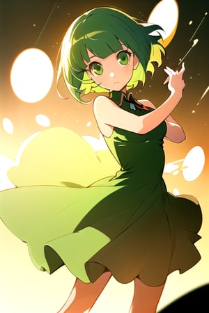 (best quality, masterpiece), soft lighting, dynamic upper angle, 1girl, Megpoid Gumi, beautiful short hair with two large bangs, beautiful detailed eyes, simple design, rounded boobs, upper view, green hair, green eyes, original detailed dress, cool pose, deep shadows in the eyes