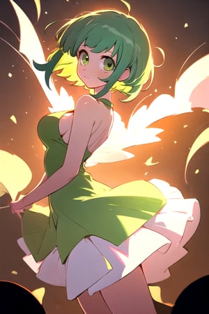 (best quality, masterpiece), soft lighting, dynamic upper angle, 1girl, Megpoid Gumi, beautiful short hair with two large bangs, beautiful detailed eyes, simple design, rounded boobs, upper view, green hair, green eyes, original detailed dress, cool pose, deep shadows in the eyes, cute face proportions