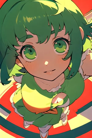(best quality, masterpiece), soft lighting, dynamic upper angle, 1girl, Megpoid Gumi, beautiful short hair with two large bangs, beautiful detailed eyes, simple design, rounded boobs, upper view, green hair, green eyes, original detailed dress, cool pose, deep shadows in the eyes, cute face proportions,GUMI,Megpoid