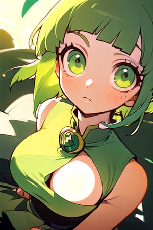 (best quality, masterpiece), soft lighting, dynamic upper angle, 1girl, Megpoid Gumi, beautiful short hair with two large bangs, beautiful detailed eyes, simple design, rounded boobs, upper view, green hair, green eyes, original detailed dress, cool pose, deep shadows in the eyes, cute face proportions,GUMI