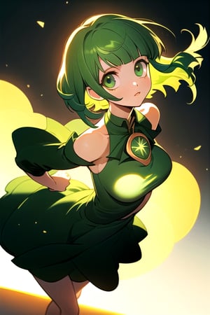 (best quality, masterpiece), soft lighting, dynamic upper angle, 1girl, Megpoid Gumi, beautiful short hair with two large bangs, beautiful detailed eyes, simple design, rounded boobs, upper view, green hair, green eyes, original detailed dress, cool pose, deep shadows in the eyes