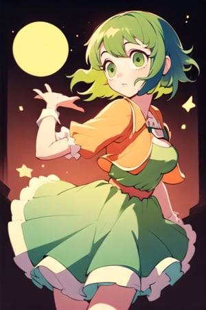 (best quality, masterpiece), soft lighting, dynamic upper angle, 1girl, Megpoid Gumi, beautiful short hair with two large bangs, beautiful detailed eyes, simple design, rounded boobs, upper view, green hair, green eyes, original detailed dress, cool pose, deep shadows in the eyes, cute face proportions,GUMI,Megpoid