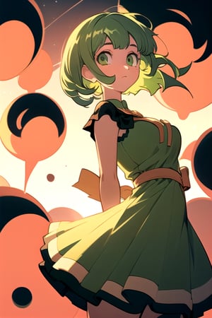 (best quality, masterpiece), soft lighting, dynamic upper angle, 1girl, Megpoid Gumi, beautiful short hair with two large bangs, beautiful detailed eyes, simple design, rounded boobs, upper view, green hair, green eyes, original detailed dress, cool pose, deep shadows in the eyes