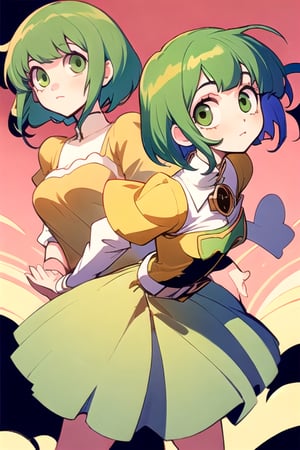 (best quality, masterpiece), soft lighting, dynamic upper angle, 1girl, Megpoid Gumi, beautiful short hair with two large bangs, beautiful detailed eyes, simple design, rounded boobs, upper view, green hair, green eyes, original detailed dress, cool pose, deep shadows in the eyes, cute face proportions,GUMI