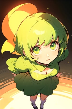 (best quality, masterpiece), soft lighting, dynamic upper angle, 1girl, Megpoid Gumi, beautiful short hair with two large bangs, beautiful detailed eyes, simple design, rounded boobs, upper view, green hair, green eyes, original detailed dress, cool pose, deep shadows in the eyes