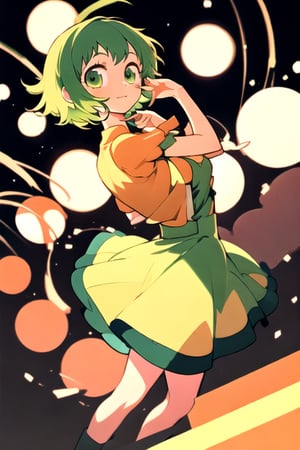 (best quality, masterpiece), soft lighting, dynamic upper angle, 1girl, Megpoid Gumi, beautiful short hair with two large bangs, beautiful detailed eyes, simple design, rounded boobs, upper view, green hair, green eyes, original detailed dress, cool pose, deep shadows in the eyes, cute face proportions,GUMI,Megpoid