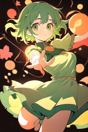 (best quality, masterpiece), soft lighting, dynamic upper angle, 1girl, Megpoid Gumi, beautiful short hair with two large bangs, beautiful detailed eyes, simple design, rounded boobs, upper view, green hair, green eyes, original detailed dress, cool pose, deep shadows in the eyes, cute face proportions,GUMI