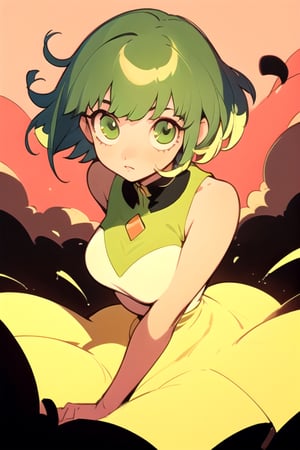 (best quality, masterpiece), soft lighting, dynamic upper angle, 1girl, Megpoid Gumi, beautiful short hair with two large bangs, beautiful detailed eyes, simple design, rounded boobs, upper view, green hair, green eyes, original detailed dress, cool pose, deep shadows in the eyes