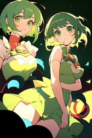 (best quality, masterpiece), soft lighting, dynamic upper angle, 1girl, Megpoid Gumi, beautiful short hair with two large bangs, beautiful detailed eyes, simple design, rounded boobs, upper view, green hair, green eyes, original detailed dress, cool pose, deep shadows in the eyes, cute face proportions,GUMI