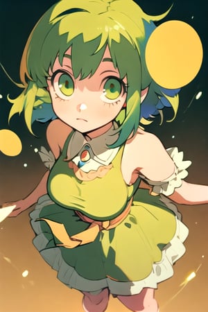 (best quality, masterpiece), soft lighting, dynamic upper angle, 1girl, Megpoid Gumi, beautiful short hair with two large bangs, beautiful detailed eyes, simple design, rounded boobs, upper view, green hair, green eyes, original detailed dress, cool pose, deep shadows in the eyes, cute face proportions,GUMI,Megpoid