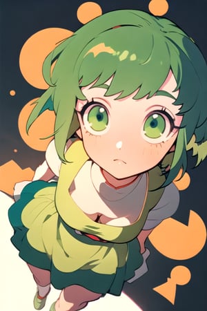 (best quality, masterpiece), soft lighting, dynamic upper angle, 1girl, Megpoid Gumi, beautiful short hair with two large bangs, beautiful detailed eyes, simple design, rounded boobs, upper view, green hair, green eyes, original detailed dress, cool pose, deep shadows in the eyes, cute face proportions,GUMI,Megpoid