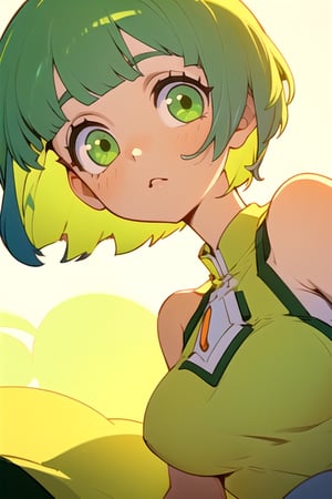 (best quality, masterpiece), soft lighting, dynamic upper angle, 1girl, Megpoid Gumi, beautiful short hair with two large bangs, beautiful detailed eyes, simple design, rounded boobs, upper view, green hair, green eyes, original detailed dress, cool pose, deep shadows in the eyes, cute face proportions