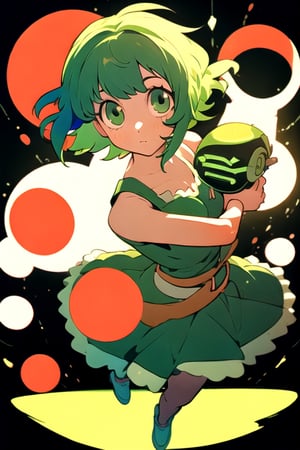 (best quality, masterpiece), soft lighting, dynamic upper angle, 1girl, Megpoid Gumi, beautiful short hair with two large bangs, beautiful detailed eyes, simple design, rounded boobs, upper view, green hair, green eyes, original detailed dress, cool pose, deep shadows in the eyes, cute face proportions,GUMI,Megpoid