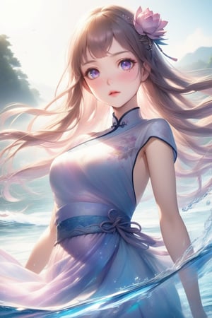  1 girl, upper body, dynamic photography, Chinese dress, iridescent dress, water color rendering, lake, ((lotus)), splashed drip, waves and sparkles, anime style, from below, look at viewer, dutch angle, wide angle, lens flare, realistic