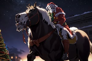 best quality, realistic, photorealistic, award-winning illustration, (intricate details: 1.2), (delicate detail), (intricate details), wonderful christmas night, polar lights, ((Santa Clause in his iconic custome is riding on Rocket to deliver presents)), colourful, beautiful,EpicSky,cloud,sky,Ainz, BoneDaddy, solo, 1boy, male focus, standing, long sleeves, skeleton, trench coat, full body,
