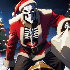 best quality, realistic, photorealistic, award-winning illustration, (intricate details: 1.2), (delicate detail), (intricate details), wonderful christmas night, polar lights, ((Santa Clause in his iconic custome is riding on Rocket to deliver presents)), colourful, beautiful,EpicSky,cloud,sky,Ainz, BoneDaddy, solo, 1boy, male focus, standing, long sleeves, skeleton, trench coat, full body,Santa Claus
