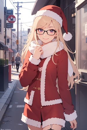 (illustration:1.3)(animation:1.3)1girl, seductive smile,drooping eyes,glasses,looking at viewer,long_hair,straight hair,lingerie, woolen scarf,santa dress,fur jacket naked,street.