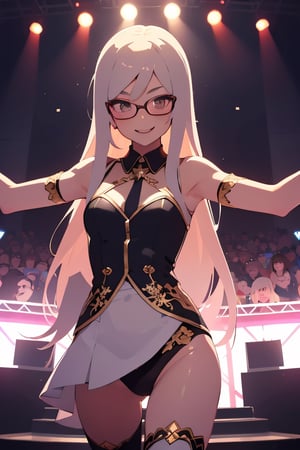 (illustration:1.3)(animation:1.3)1girl,glasses,seductive smile, long hair,idol singer,stand microphone,spread arms,stage.